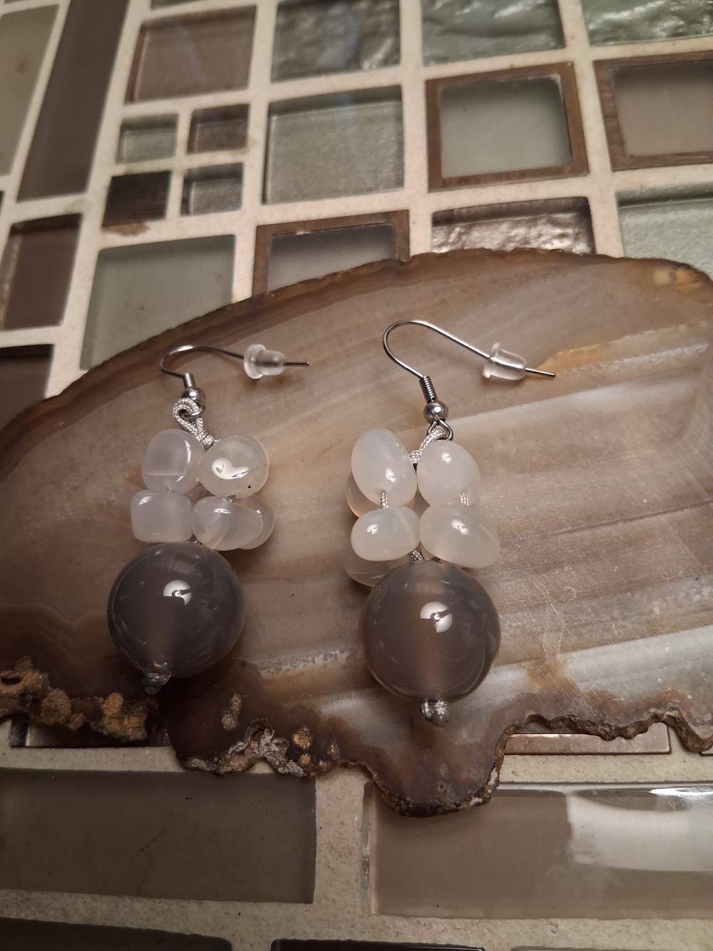Artisan White and Gray Agate Cluster Drop Earrings